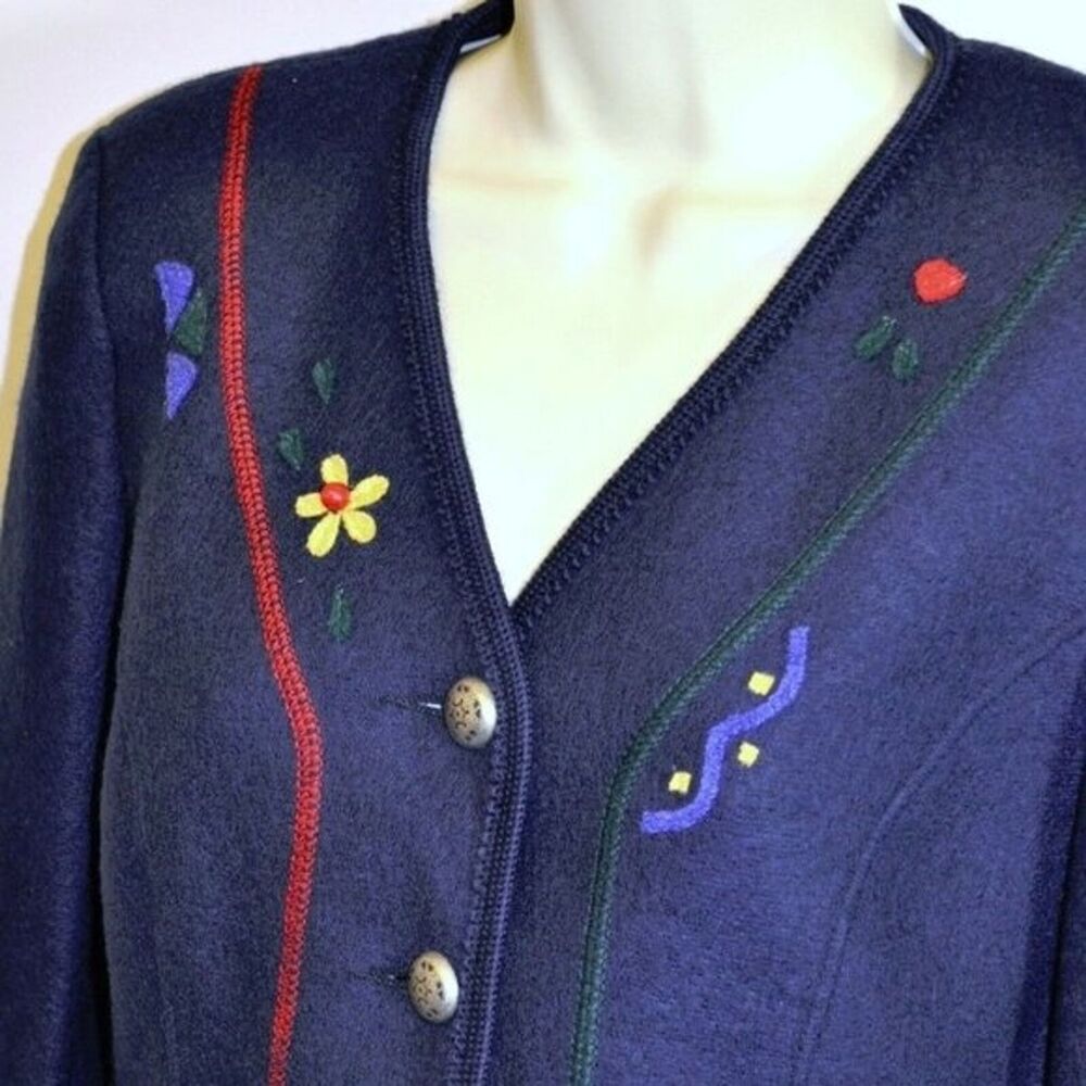 Giesswein Austria Boiled Wool Cardigan Sweaterā Jacket 4 36 Floral applique Navy